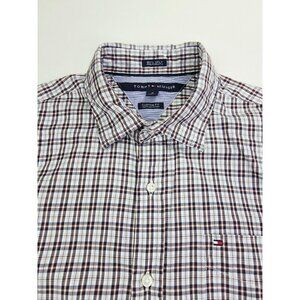 Tommy Hilfiger Custom Fit Medium Mens White Blue Burgundy Check Logo Long Sleeve